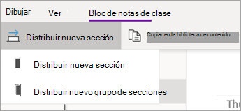 Botón Distribuir nueva sección con una lista desplegable de opciones.