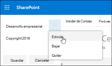 Editar un vínculo o etiqueta existente en un pie de página en un sitio de comunicación de SharePoint.