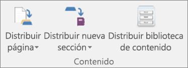 Los iconos de la pestaña Bloc de notas de clase son Distribuir página, Distribuir nueva sección y Distribuir biblioteca de contenido.