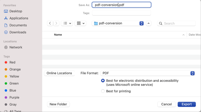 Use la herramienta Formato de archivo en la opción Guardar como de Word para seleccionar otros formatos al guardar, como PDF.