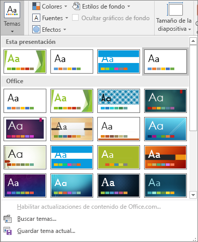 Muestra las opciones de Temas del patrón de dispositivas de PowerPoint