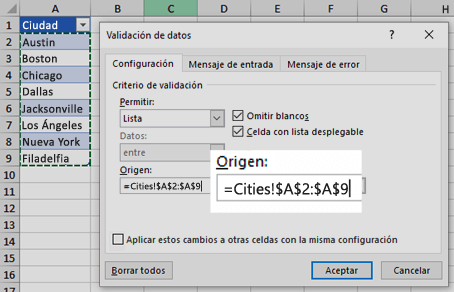 Opciones de lista de validación de datos