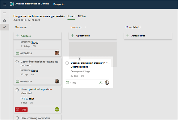 Arrastrar y colocar una tarea en la vista de panel para Planner