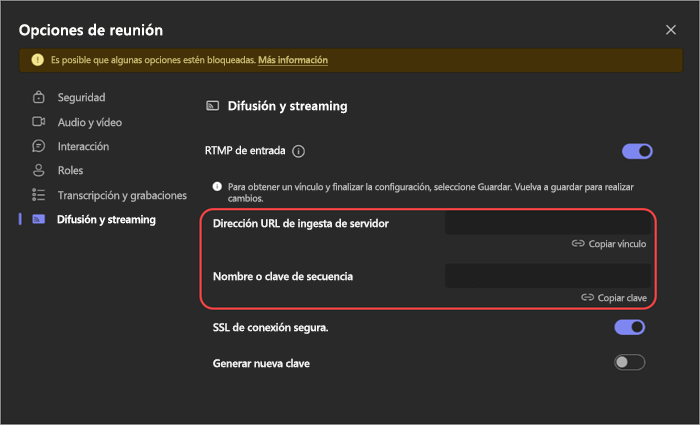 Captura de pantalla que muestra la configuración de RTMP-In en las opciones de reunión.