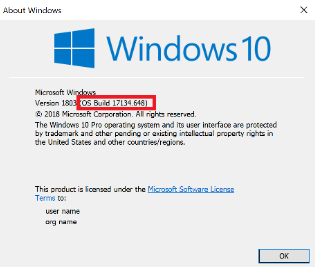 Imagen del cuadro de diálogo de la versión de Windows 10