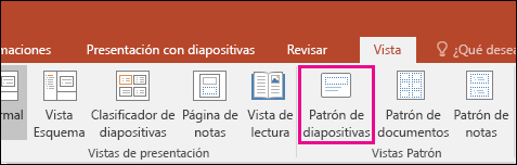 se muestra el botón Patrón de diapositivas en la cinta de PowerPoint