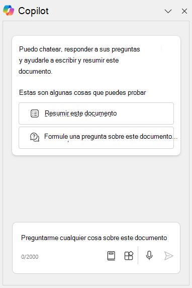 Captura de pantalla del panel de chat de Copilot en Copilot en la aplicación de escritorio de Word