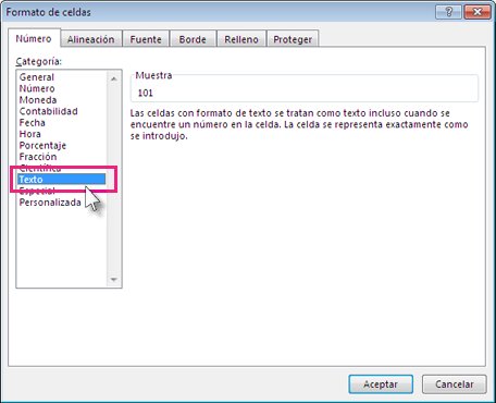 Guardar como texto en el cuadro de diálogo Formato de celdas