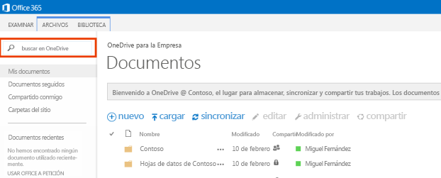 Captura de pantalla del Cuadro de consulta de OneDrive en Office 365.