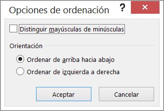 En el cuadro de diálogo Ordenar, haga clic en Opciones