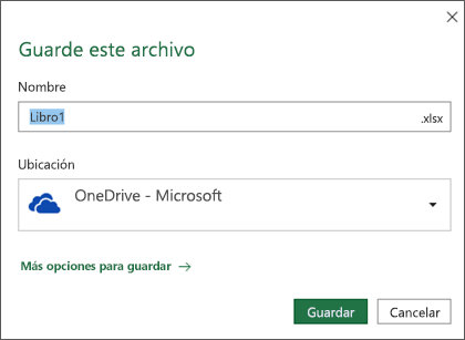 El cuadro de diálogo Guardar archivo en Microsoft Excel para Office 365