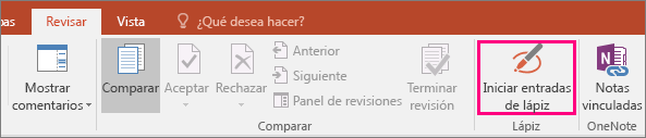 Muestra el botón Iniciar entradas de lápiz de la pestaña Revisar en Office