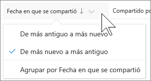 Captura de pantalla de sordera por columna en la vista Compartido conmigo en OneDrive para la Empresa