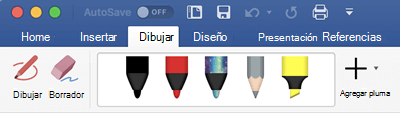 Lápices y marcadores de resaltado en la pestaña Dibujar en Office 365 para Mac
