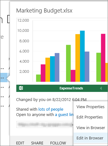 Vista previa de un documento de Office en una biblioteca de SharePoint