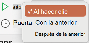 Menú desplegable Hora de inicio de PowerPoint para Mac