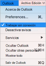 Muestra la opción Trabajar sin conexión seleccionada en el menú de Outlook