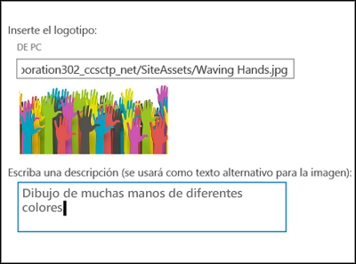 Cuadro de diálogo de título y logotipo del nuevo sitio de SharePoint Online, que muestra cómo crear texto alternativo para una imagen de logotipo