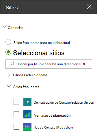 Configuración del elemento web Sitios