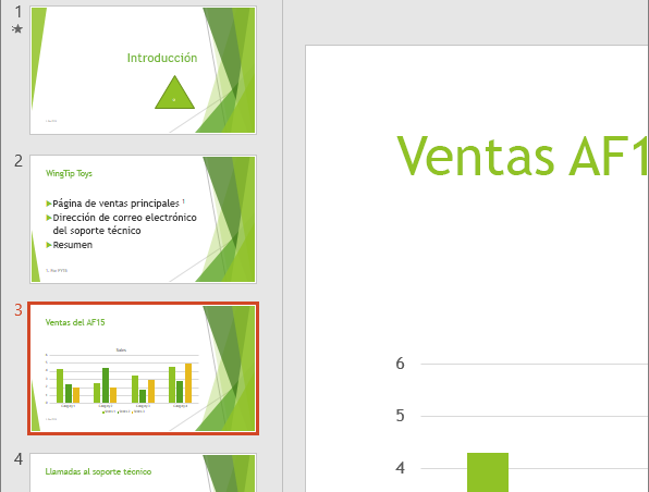 Muestra el Panel de diapositivas con la tercera diapositiva seleccionada en PowerPoint