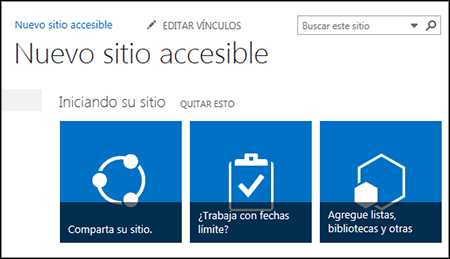 Captura de pantalla de un nuevo sitio de SharePoint que muestra los mosaicos utilizados para personalizar el sitio