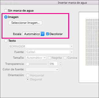 Cuadro de diálogo Insertar marca de agua con una llamada alrededor de las opciones de imagen