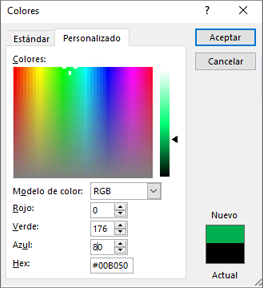 Se muestran colores personalizados