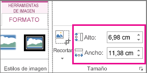 Cuadros Alto y Ancho en la pestaña Formato en Herramientas de imagen