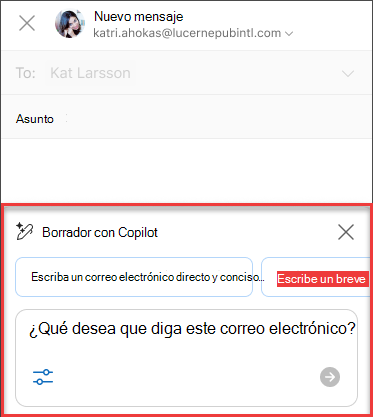 Texto "¿Qué quiere que diga este correo electrónico?" para Borrador con Copilot en Outlook