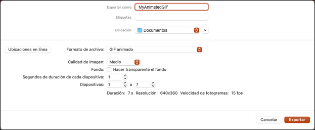 Cuadro de diálogo Exportar como GIF animado en PowerPoint 2021 para Mac
