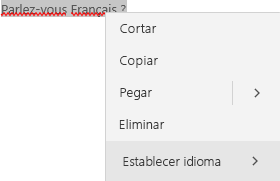 Texto en francés seleccionado que muestra el menú contextual de cómo establecer el idioma.