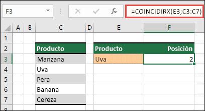 Ejemplo de uso de XMATCH para buscar la posición de un elemento en una lista