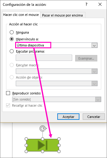 Muestra el cuadro de diálogo para configurar los Botones de acción en PowerPoint