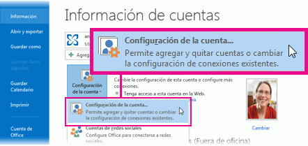 Configuración de la cuenta en la vista Backstage