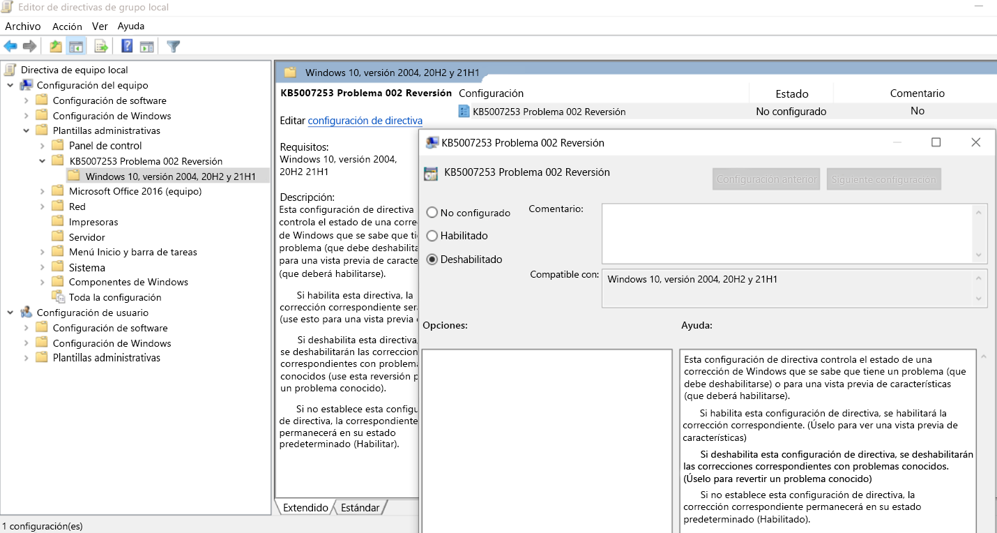 Reversión KB5007253 del editor de directivas del grupo local
