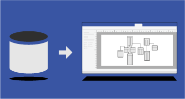 Icono de base de datos, flecha y diagrama de Visio que representa la base de datos