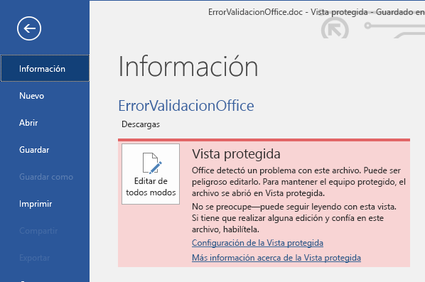 Vista protegida de Backstage de un error de validación de archivo de Office