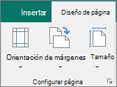 Grupo Configurar página en la pestaña Diseño de página.