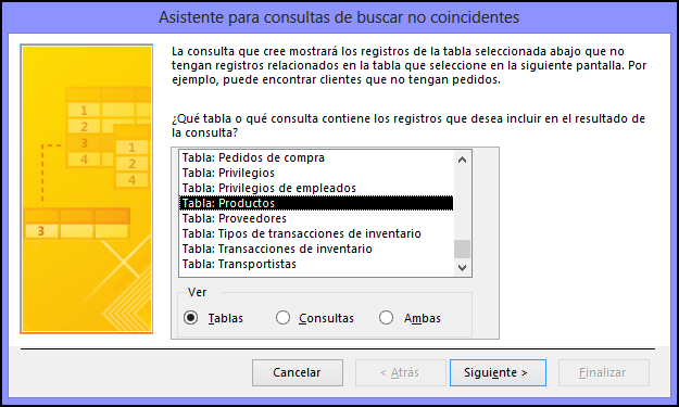 Seleccione una tabla o una consulta en el cuadro de diálogo Asistente para consultas de buscar no coincidentes.