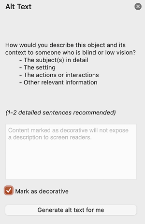La casilla Marcar como decorativa seleccionada en el panel Texto alternativo de PowerPoint para Mac.