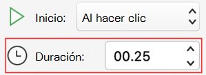 Menú duración de animación de PowerPoint para Mac