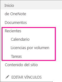 El vínculo Recientes en el Inicio rápido muestra las páginas, listas y bibliotecas recién creadas