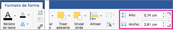 En la pestaña Formato de forma, los cuadros Alto y Ancho están resaltados.