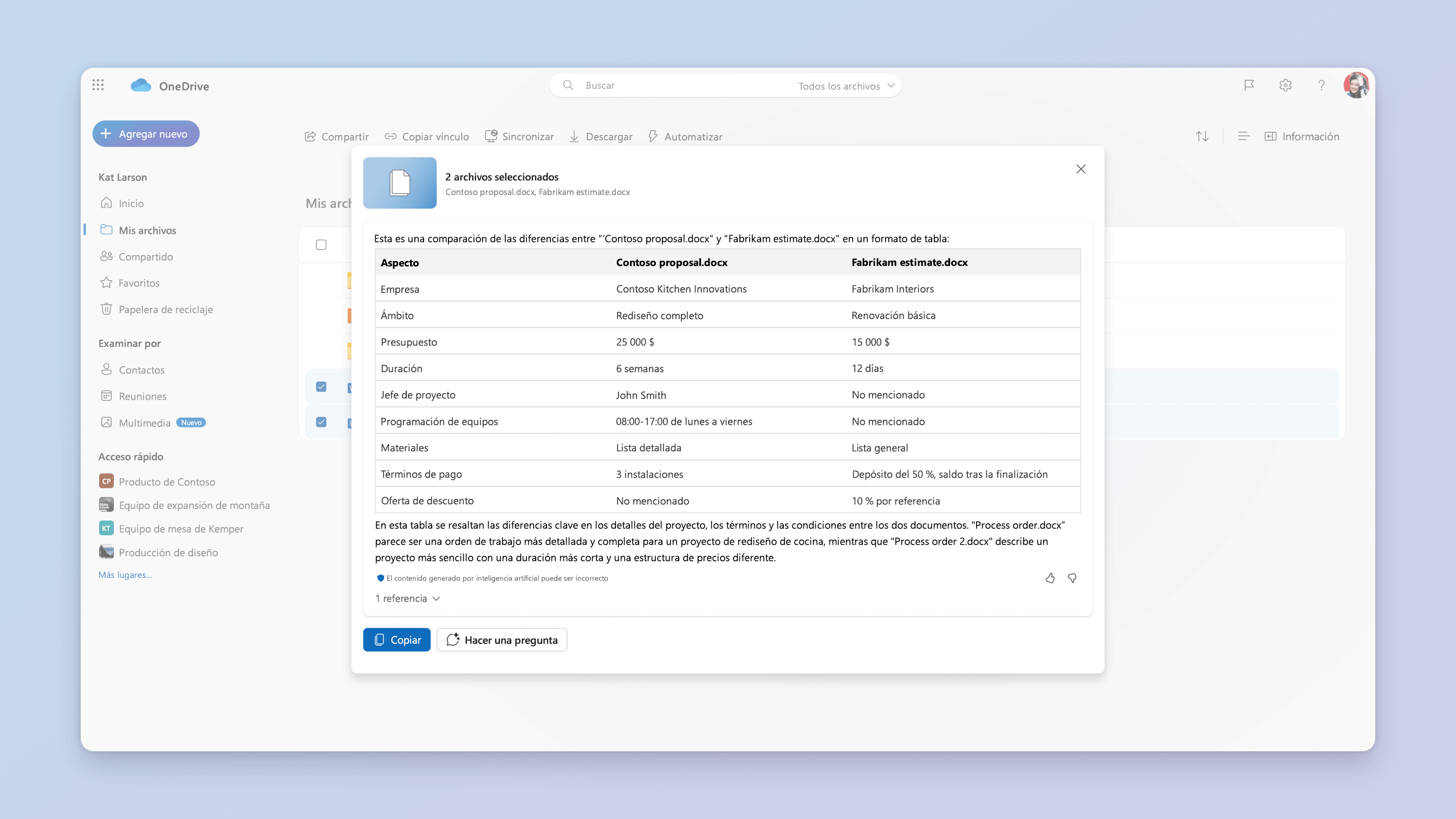 captura de pantalla del escenario de comparación de archivos para Copilot en OneDrive