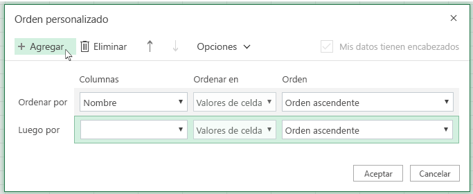 Al hacer clic en "Agregar", otro nivel de ordenación se mostrará en la lista cerca de "Luego por".