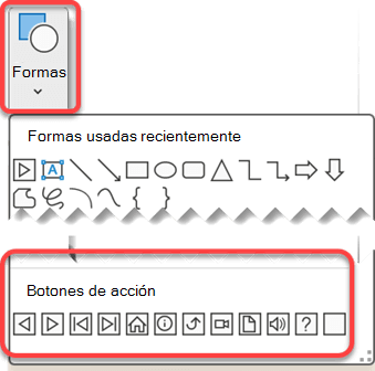 Muestra el menú Formas en la cinta de PowerPoint con los Botones de acción resaltados