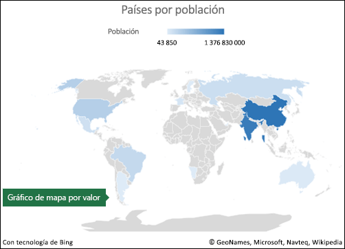 Gráfico de mapa de Excel con datos de valor