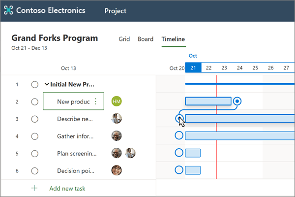 Vista escala de tiempo en Planner, que muestra dos tareas dependientes