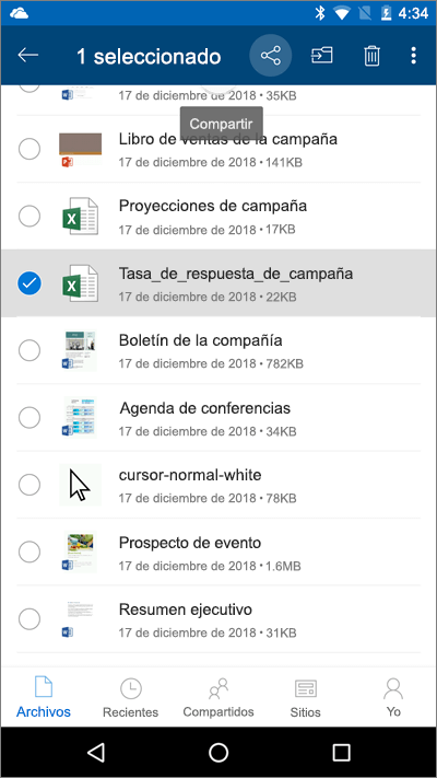 Captura de pantalla de la aplicación móvil de OneDrive con un archivo seleccionado y el icono de carga resaltado