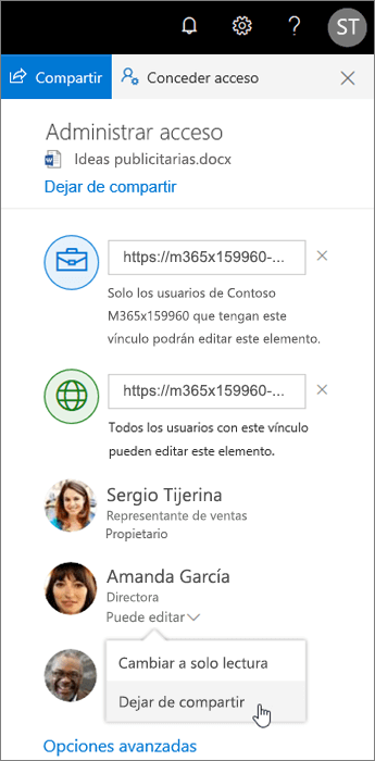 Dejar de compartir o cambiar cómo se comparte en OneDrive